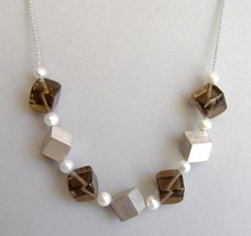 Smokey Quartz Pearl Sterling Silver Necklace Unique Designer Cube  - $260.00