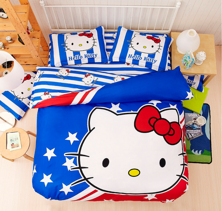 Twin & Queen Size Red White Blue Hello Kitty Theme Bedding Duvet Cover