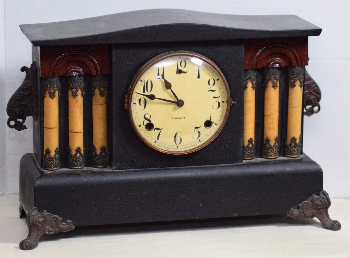 ANTIQUE W.L.GILBERT All Wood 2 Chime Rod Mantle Clock Pillars Patina