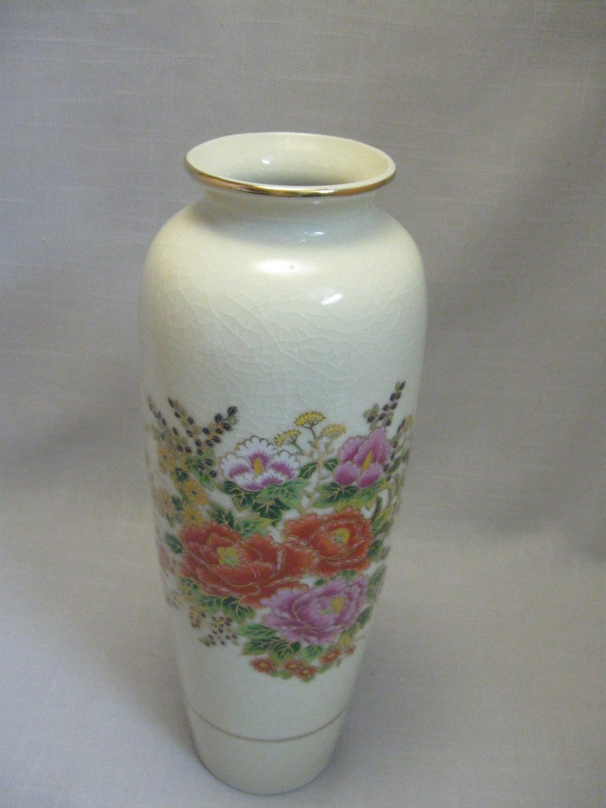 Oriental MCI Japanese Ivory Crinkle Vase Orange Pink Flowers Gold