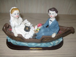 Figurine Boat with Wedding Couple Girl &amp; Boy on Water Wood Base Huda Italy - $12.95
