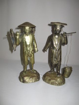 Figurine Statue Brass Qty 2 Men Carrying Water Buckets &amp; Branches - $29.95