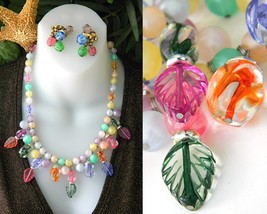 Vintage pastel art glass bead necklace set napier earrings thumb200