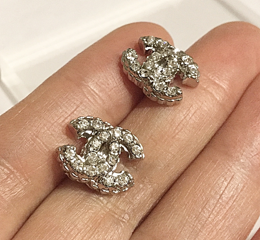 CHANEL SILVER Crystal Rhinestone CC Stud Earrings Authentic Hallmark NIB! Earrings