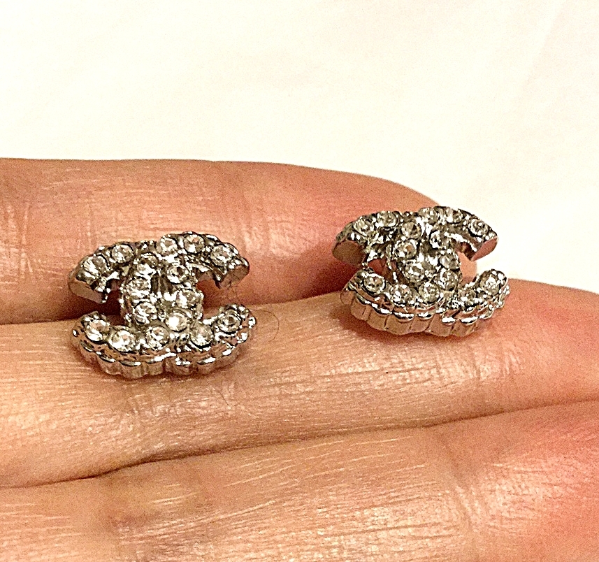 CHANEL SILVER Crystal Rhinestone CC Stud Earrings Authentic Hallmark NIB! Earrings