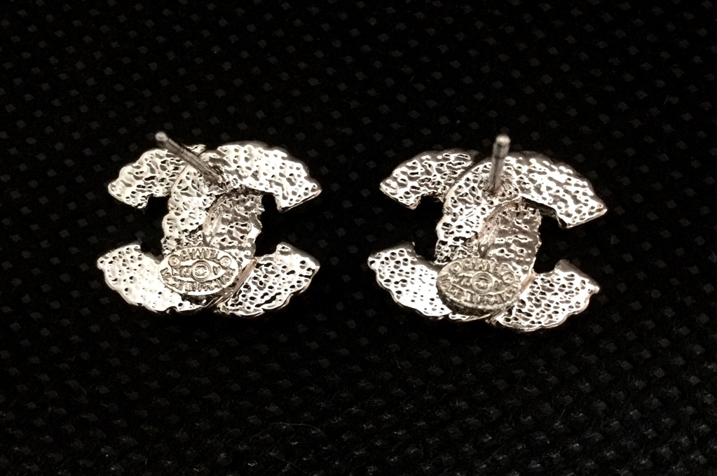 CHANEL SILVER Crystal Rhinestone CC Stud Earrings Authentic Hallmark NIB! Earrings