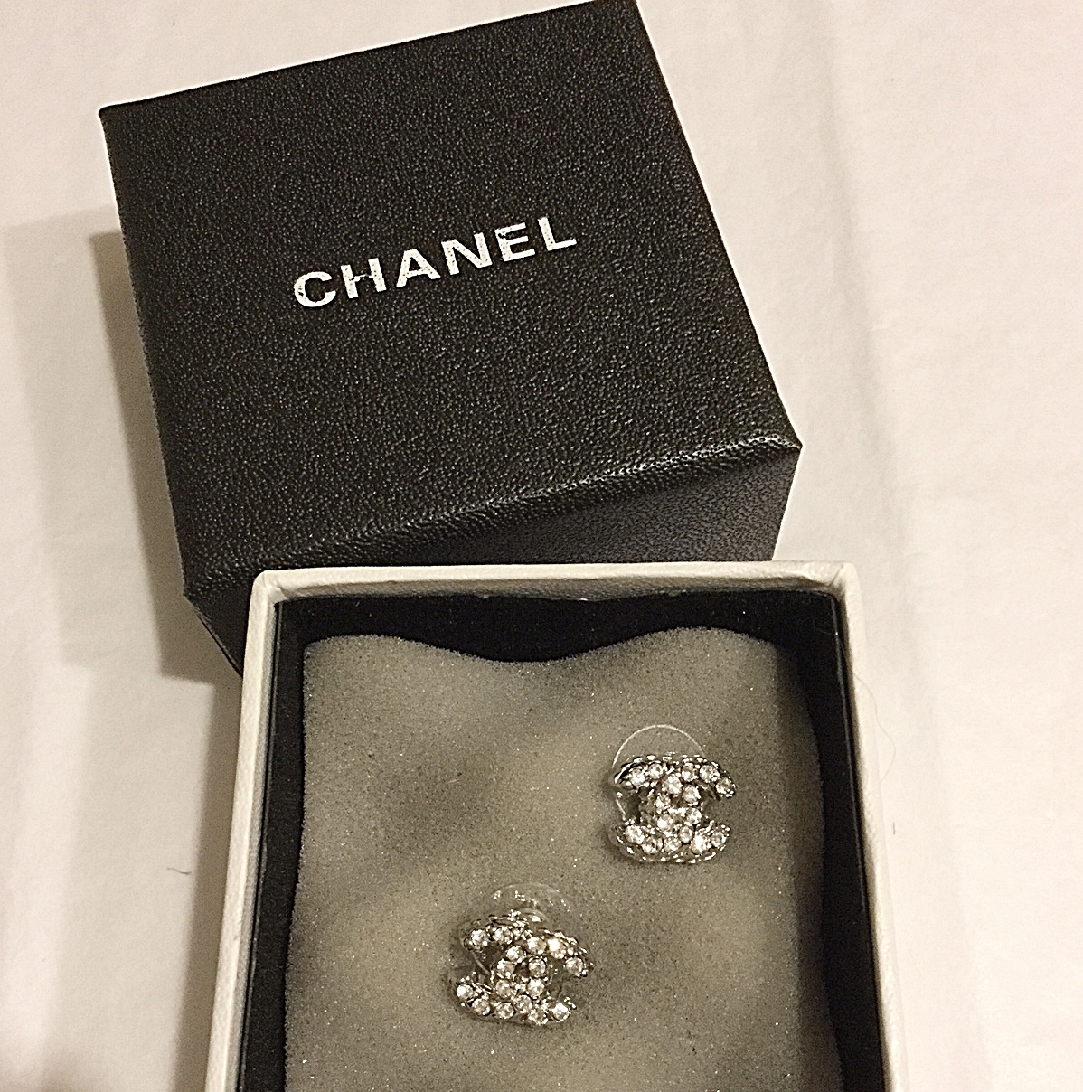 CHANEL SILVER Crystal Rhinestone CC Stud Earrings Authentic Hallmark ...
