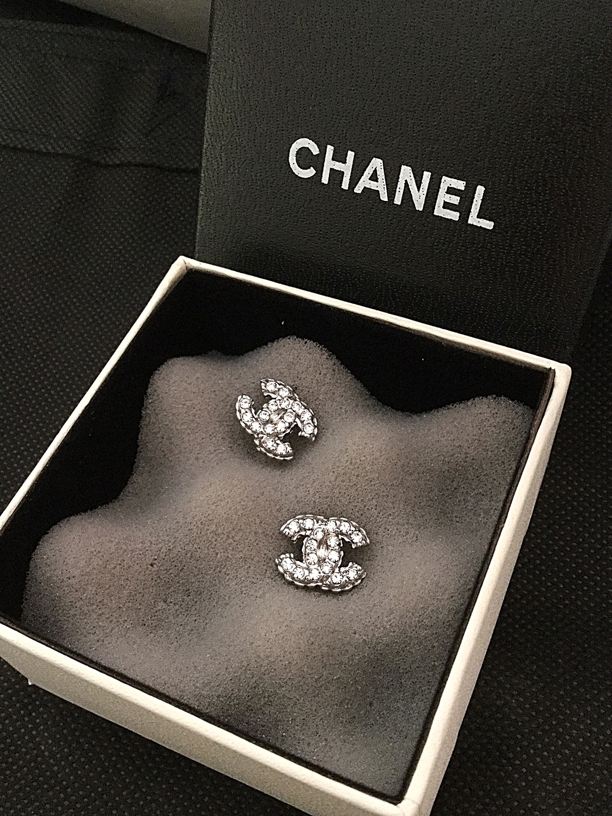 CHANEL SILVER Crystal Rhinestone CC Stud Earrings Authentic Hallmark NIB! Earrings