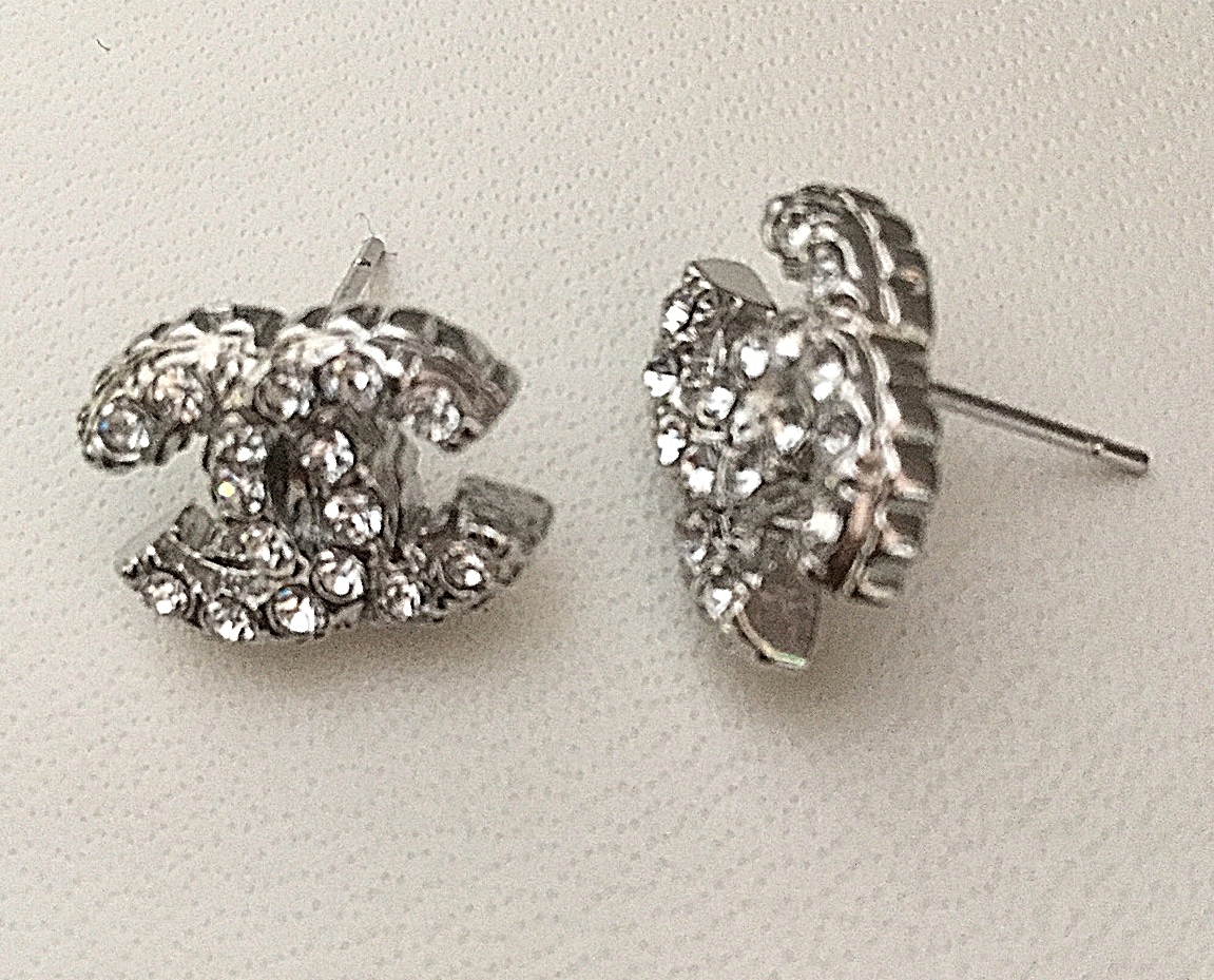 CHANEL SILVER Crystal Rhinestone CC Stud Earrings Authentic Hallmark NIB! Earrings