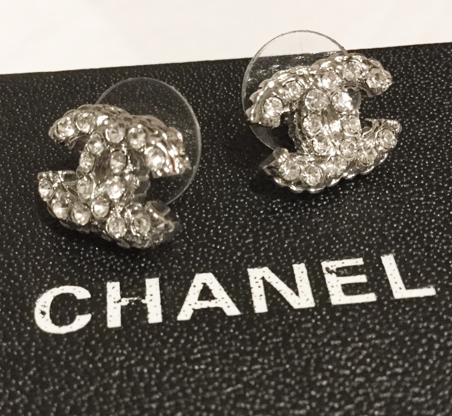 CHANEL SILVER Crystal Rhinestone CC Stud Earrings Authentic Hallmark ...