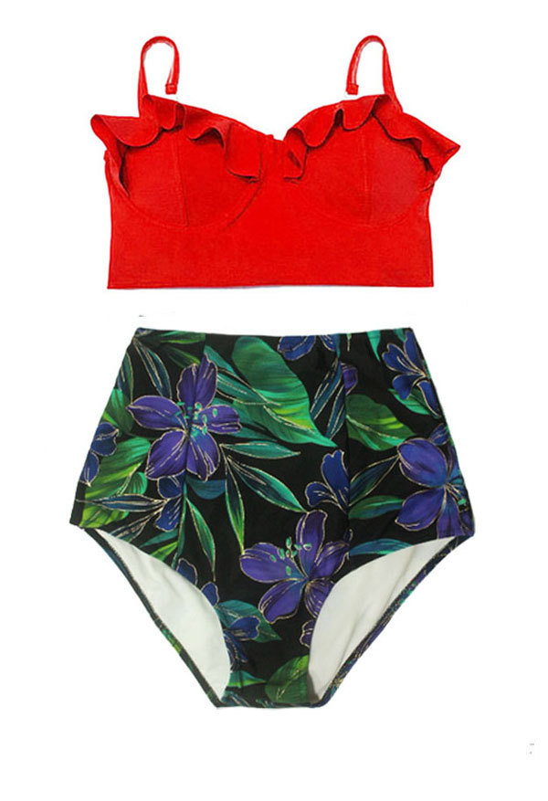 Red midkini top and Floral High waisted bikini swimsuit bathing suit ...