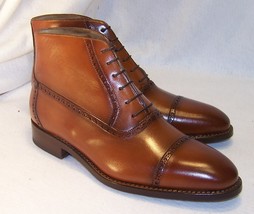 Handmade men s brown formal boot lace up boot leather ankle high cap toe boot thumb200