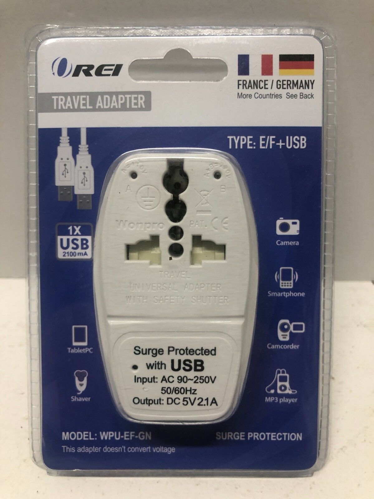 REI Travel Adapter Type E/F+USB Surge Protection Model WPUEFGN a