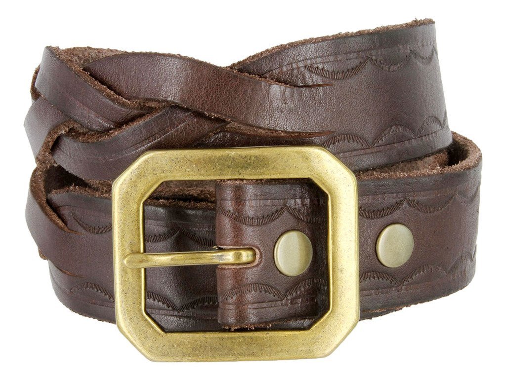 Western Engraved Buckle Full Grain Woven Braided Leather Belt for Men (Brown,... - $24.70