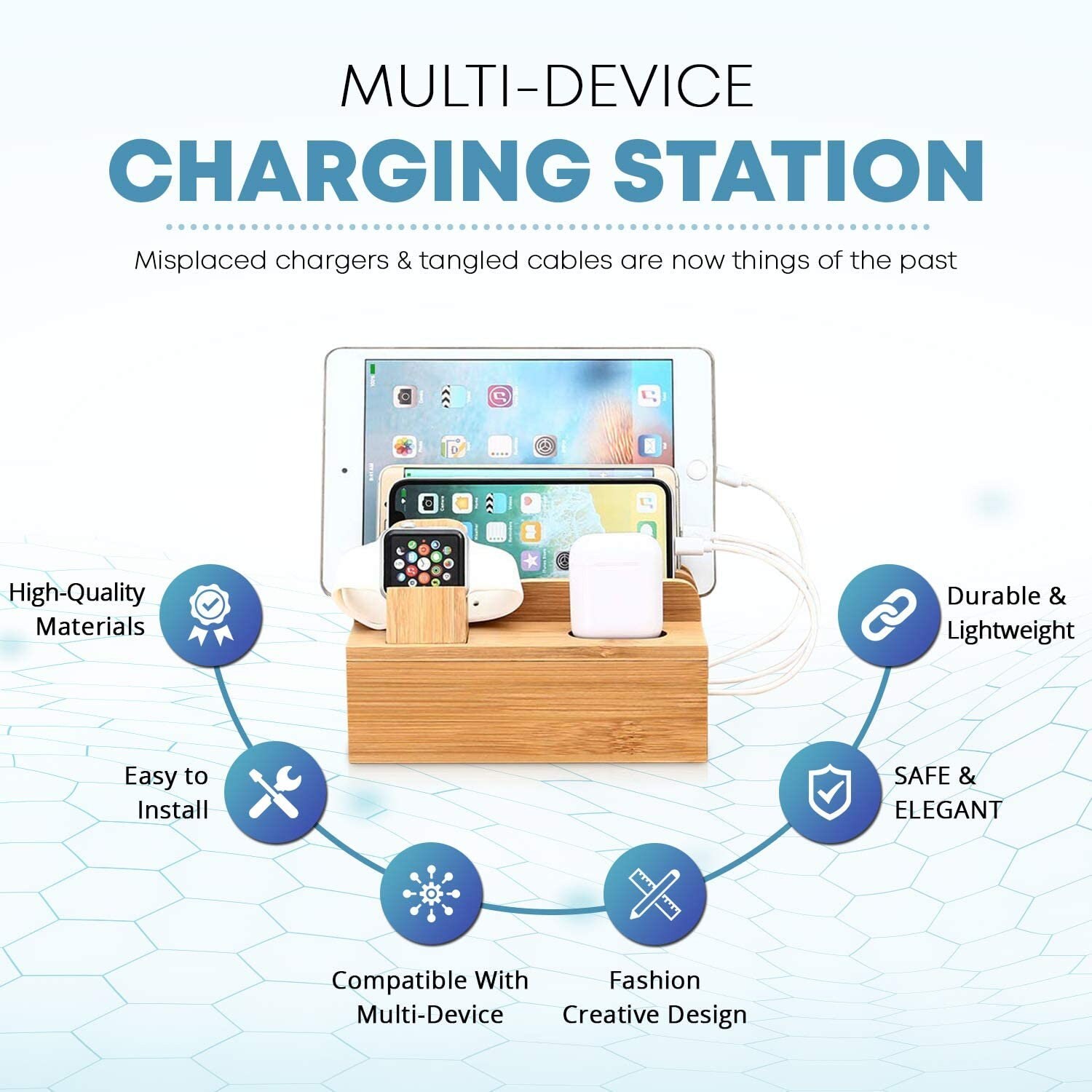 Multi device charging station & wood organizer, docking station for