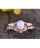 Oval Opal Diamond Engagement Ring Rose Gold Art Deco Amethyst Ring Three... - $168.00