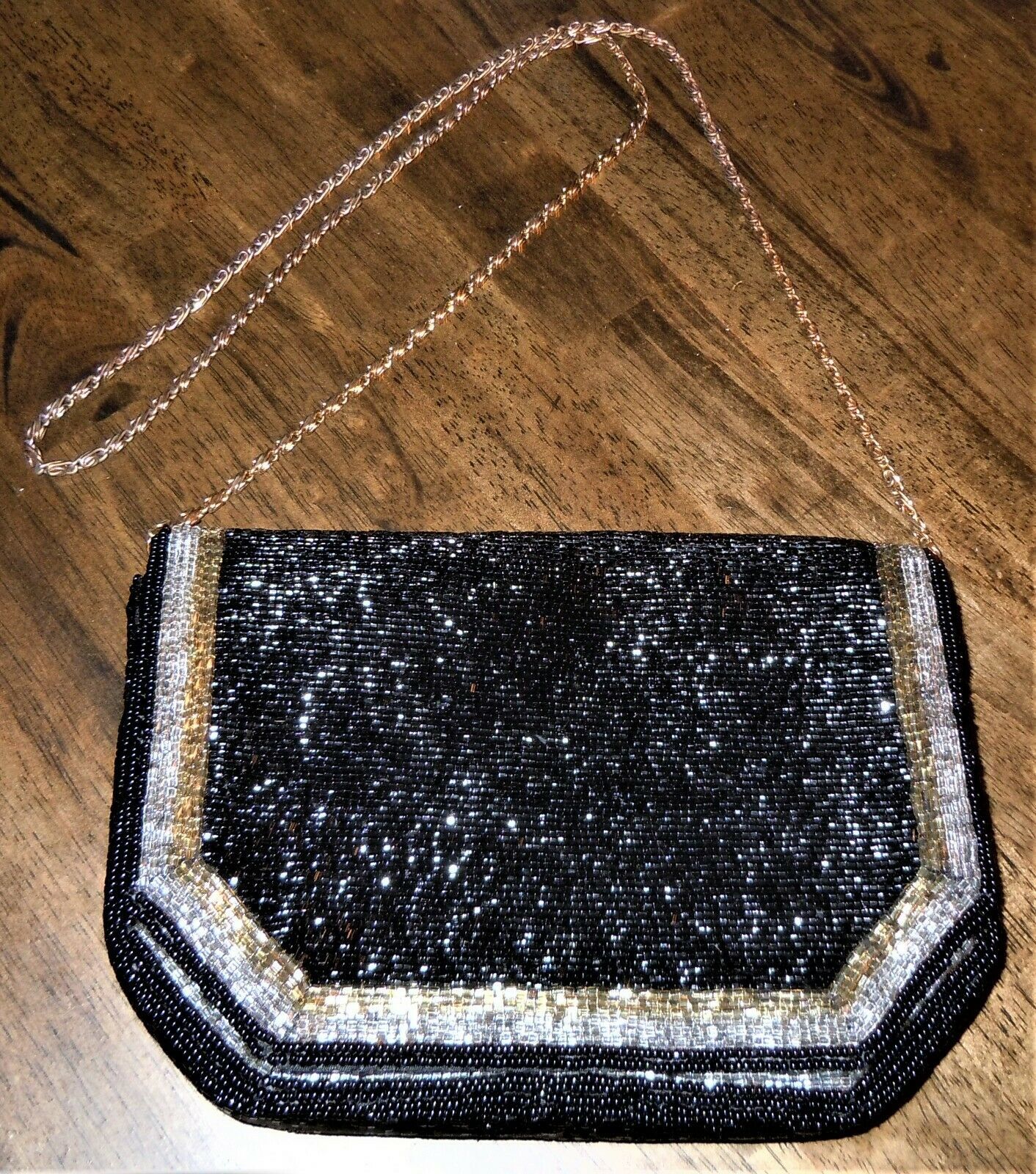 Primary image for Vintage 1970's Beaded Black, Silver & GOLD Evening Mini Shoulder Bag Purse PROM