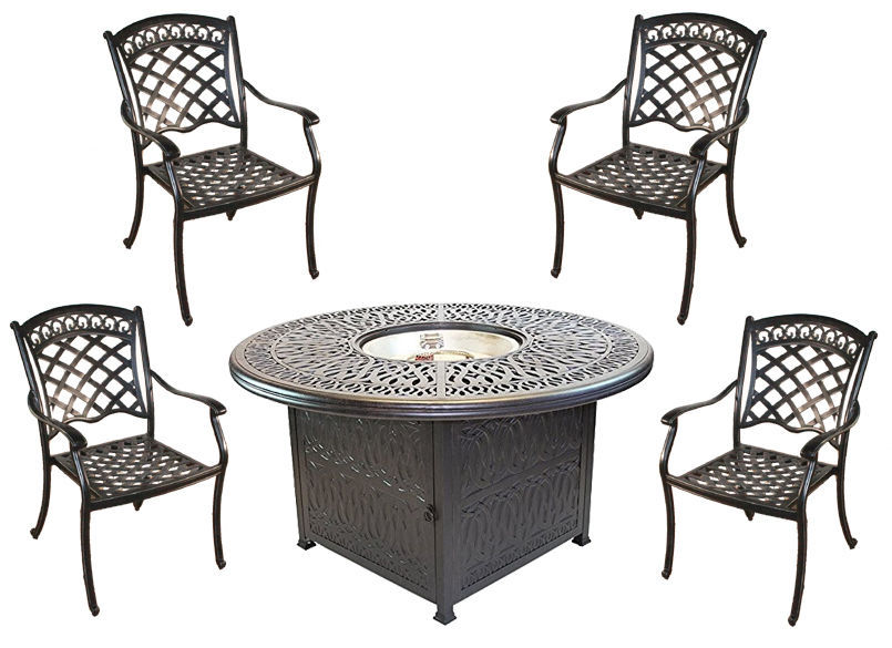 Propane fire pit table set cast aluminum 5 piece dining with Sunbrella cushions. - $3,190.00
