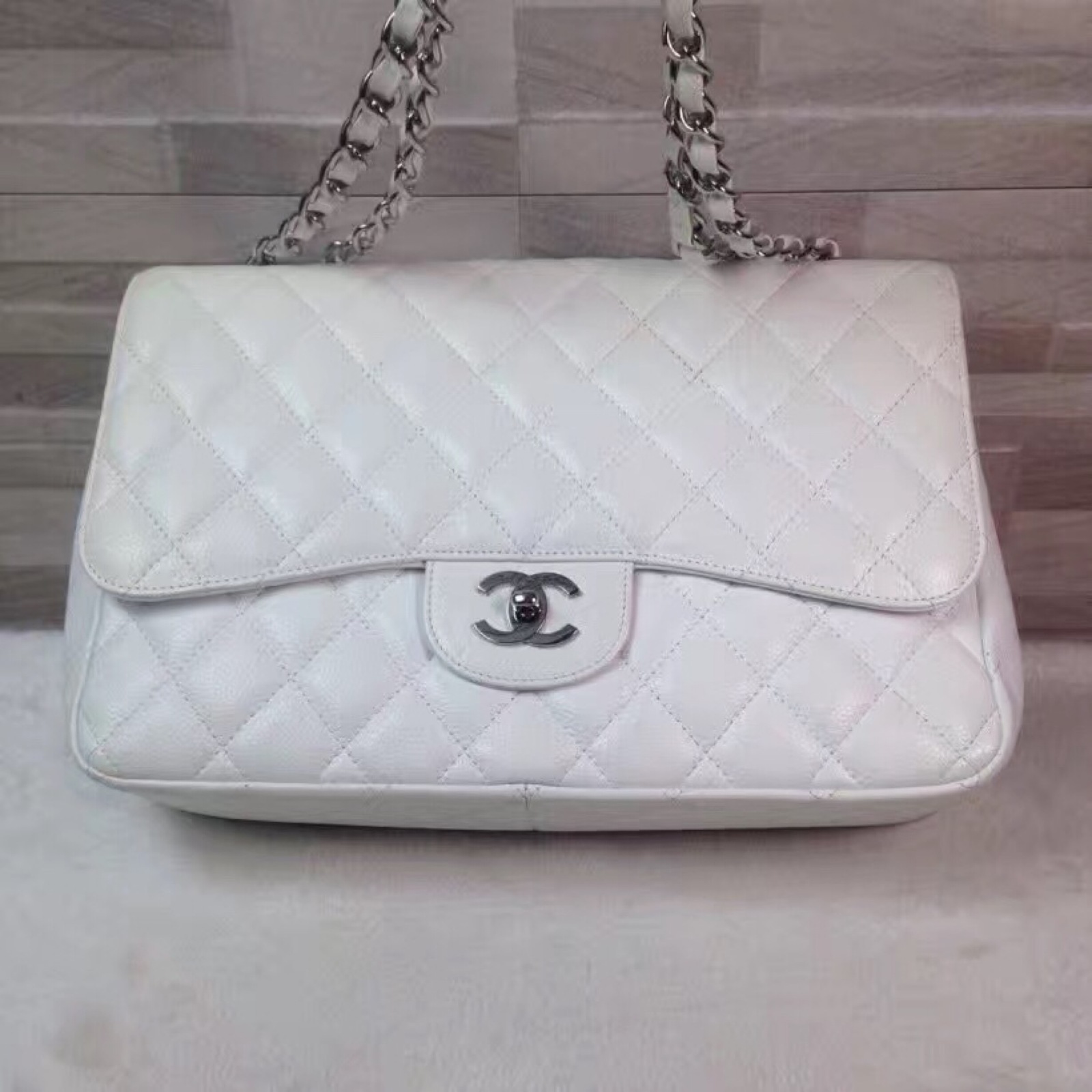 Authentic Chanel White Caviar Classic Jumbo Flap Bag Silver Hardware- Handbags & Purses