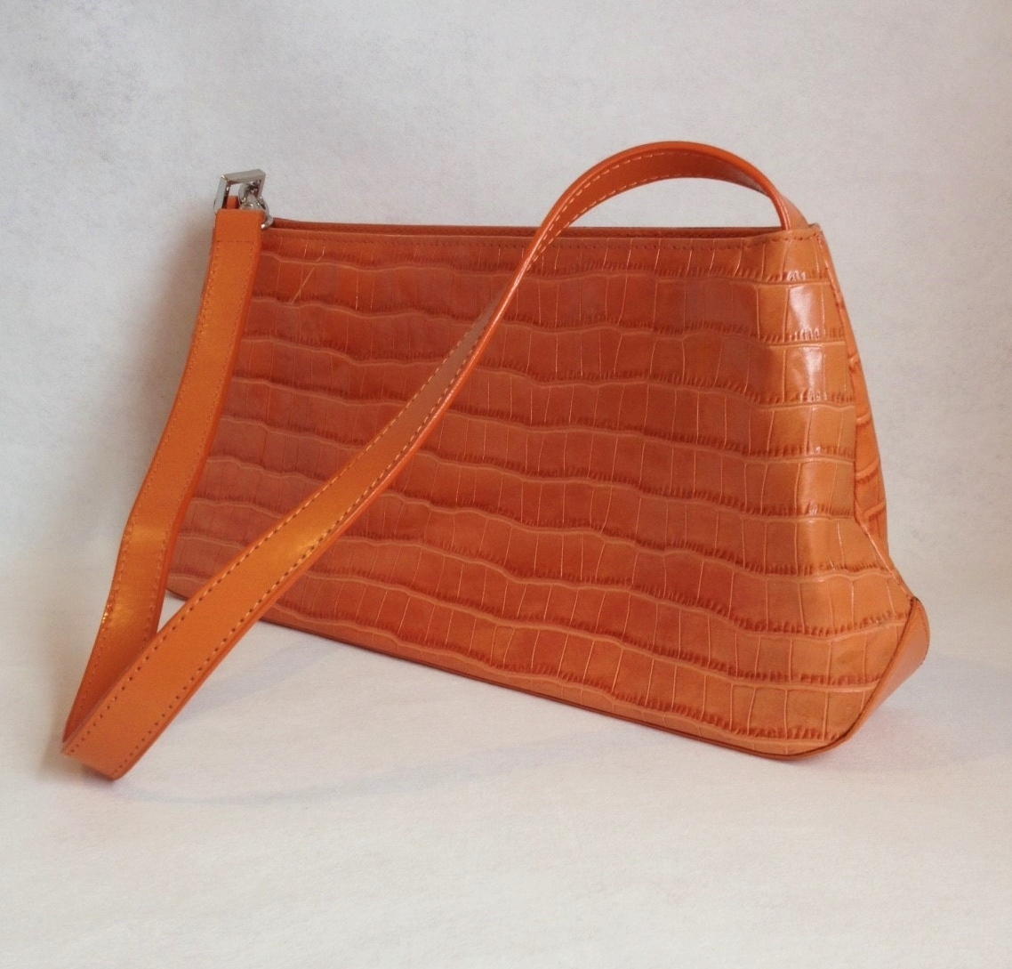 Orange Genuine Leather Handbag Purse Faux Crocodile Lined Tote Pockets ...