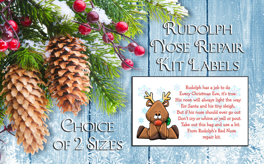 RUDOLPH NOSE REPAIR KIT CHRISTMAS Labels for Goody Bags, Fun for Kids and Adults