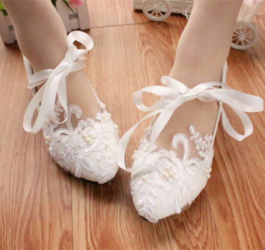 White Bridal Ballet Flats with Lace-up Ribbons/Wedding Ribbon Lace Up ...