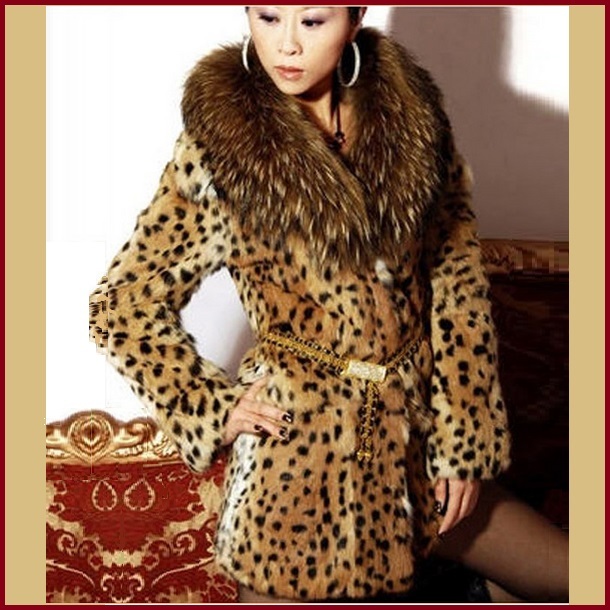 Thick Raccoon Fur Collar Leopard Print Medium Length Faux Fur Coat Jacket