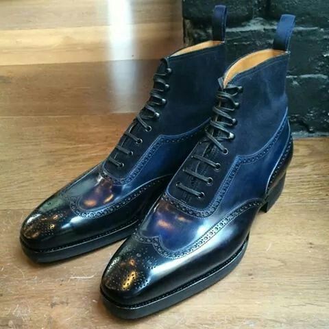 Customize Denim Blue Medallion Wingtip High Ankle Classic Leather Formal Boots