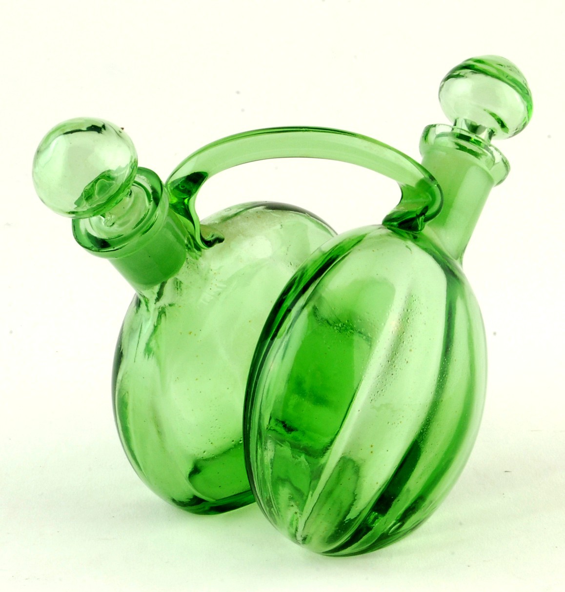 Green Glass Oil & Vinegar Cruet Set Joined Pair Gemel Vintage Cruets