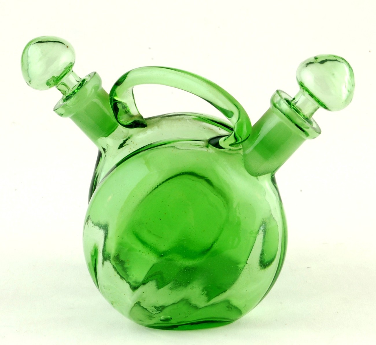 Green Glass Oil & Vinegar Cruet Set Joined Pair Gemel Vintage Cruets