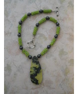 Pistachio Green Necklace: Beaded Beads &amp; Yellow Turquoise Pendant, Sterling - $89.00