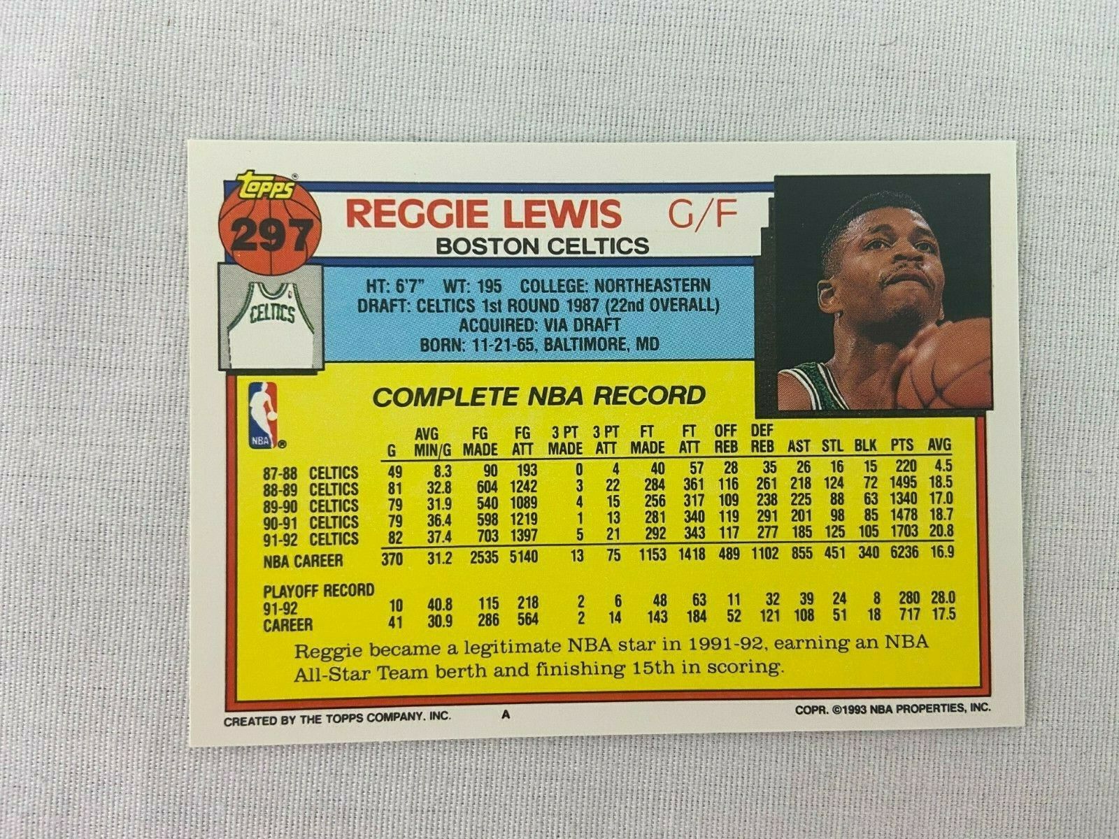 Reggie Lewis Boston Celtics 1993 Topps Basketball Card 297 - Basketball ...