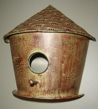 Hut Shaped Bird House 10" high Hanging Brown Patina Finish Metal with Perch image 1