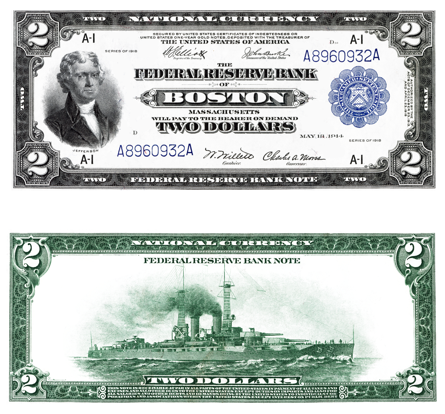 Reproduction of two 1918 notes: Battleship $2 & Flying Eagle $1 Fed Res Bank Not