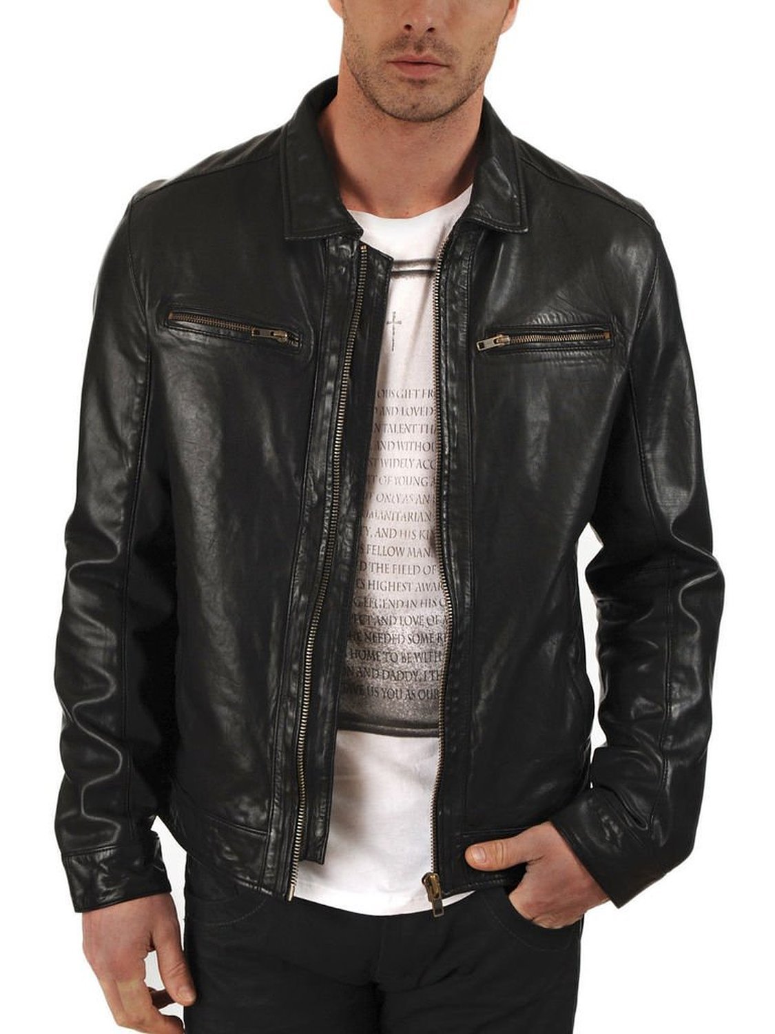 Mens Leather Jacket Black Casual Shirt Collar Style Decent Leather ...