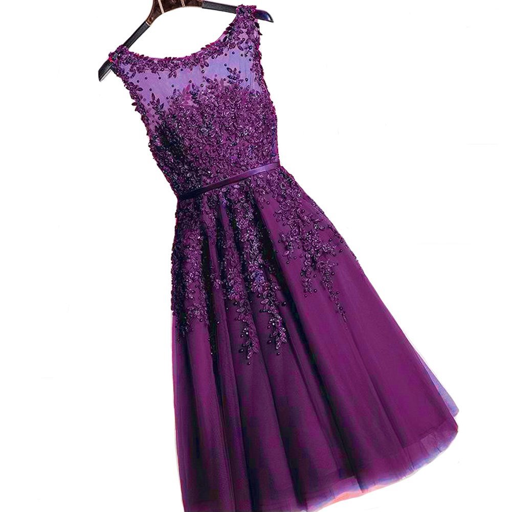 Kivary Sheer Tulle Bateau Tea Length Short Lace Pearls Prom Homecoming Dresses P