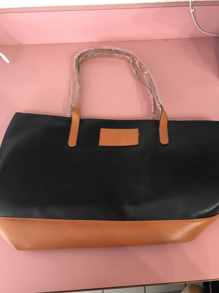 TANGER OUTLETS TOTE BAG BLACK & BROWN FAUX LEATHER SHOPPING BAG 18.5x12