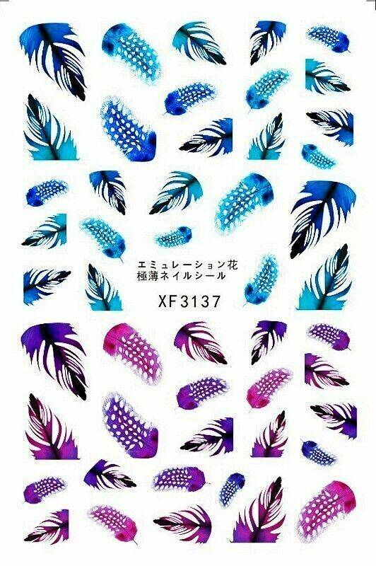 Nail Art 3D Decal Stickers 3D Self Adhesive Purple Blue Feathers XF3137