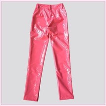 Bright Pink Tight Fit Faux Leather High Waist Front Zip Up Legging Pencil Pants image 4