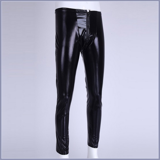 Men's Skin Tight Black Color Faux Latex Zipper Pouch Stretch Pants ...
