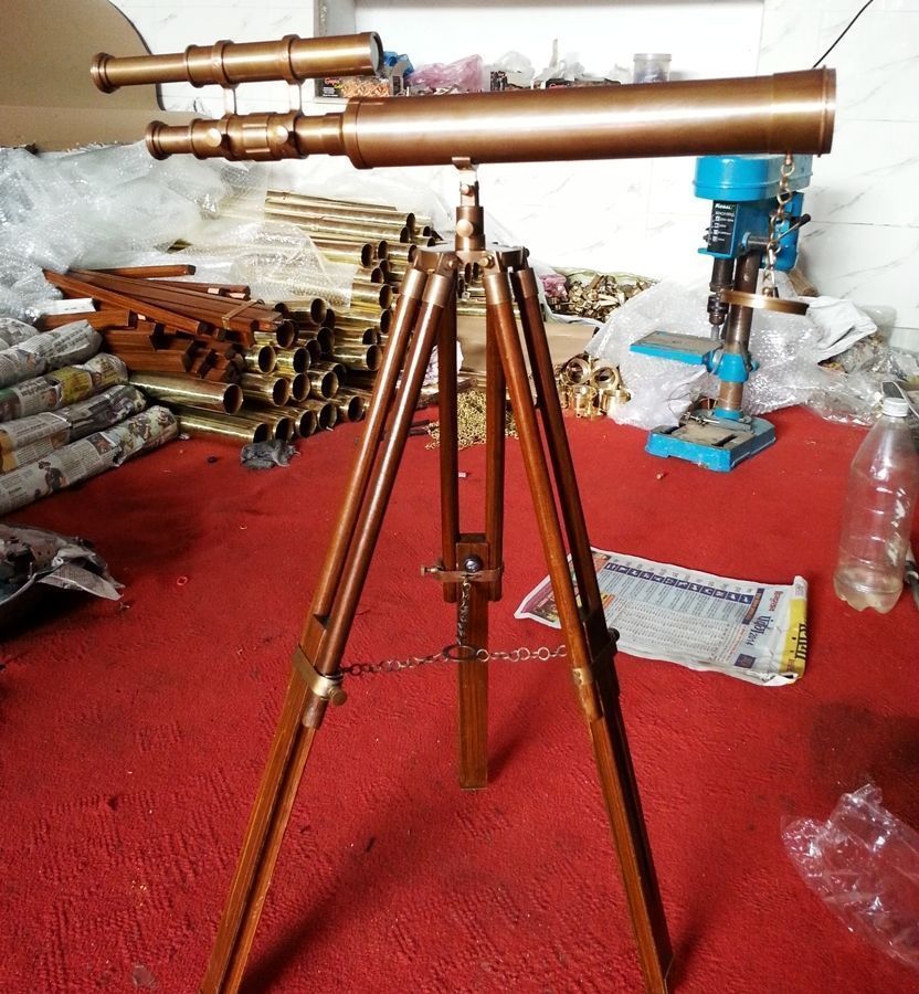 Vintage Antique Nautical Gift Decorative Solid Brass Telescope w// Wooden Tripod