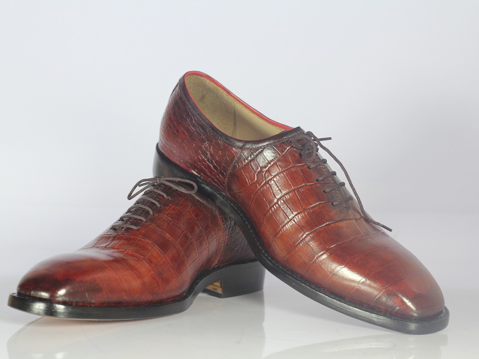 Handmade Men's Burgundy Alligator texture Whole Cut Shoes, Men Designer Shoes