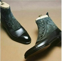 MENS HANDMADE TWO TONE LEATHER &amp; SUEDE BOOTS MEN BUTTON UP CAP TOE ANKLE... - $148.49+