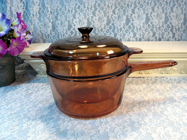 Vintage Visions Corning Ware Pyrex Brown Glass Cookware Saucepan Double ...