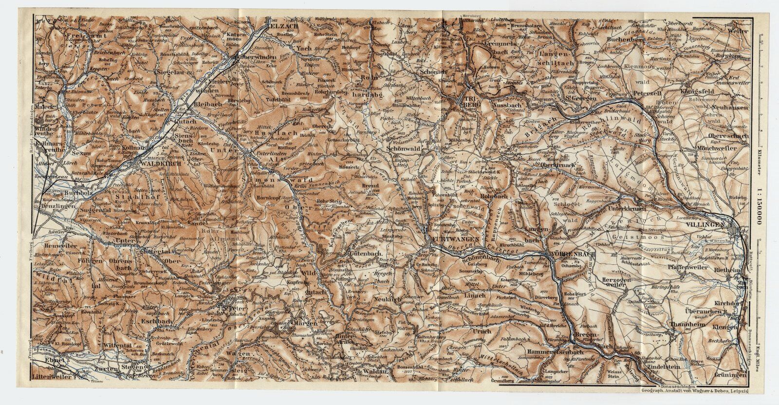 1911 ANTIQUE MAP OF BADEN TRIBERG ELZACH WALDKIRCH VILLINGEN / GERMANY ...