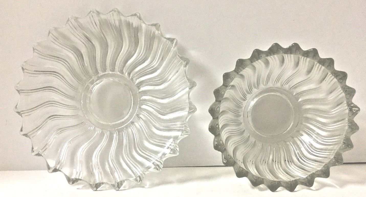 2 Dinner Serving Bowl Plate Clear Glass Scalloped Edge Swirl Design
