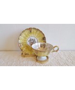 Vintage Lefton Handpainted Scallop Rim Gold Rose Footed Tea Cup and Sauc... - $14.99
