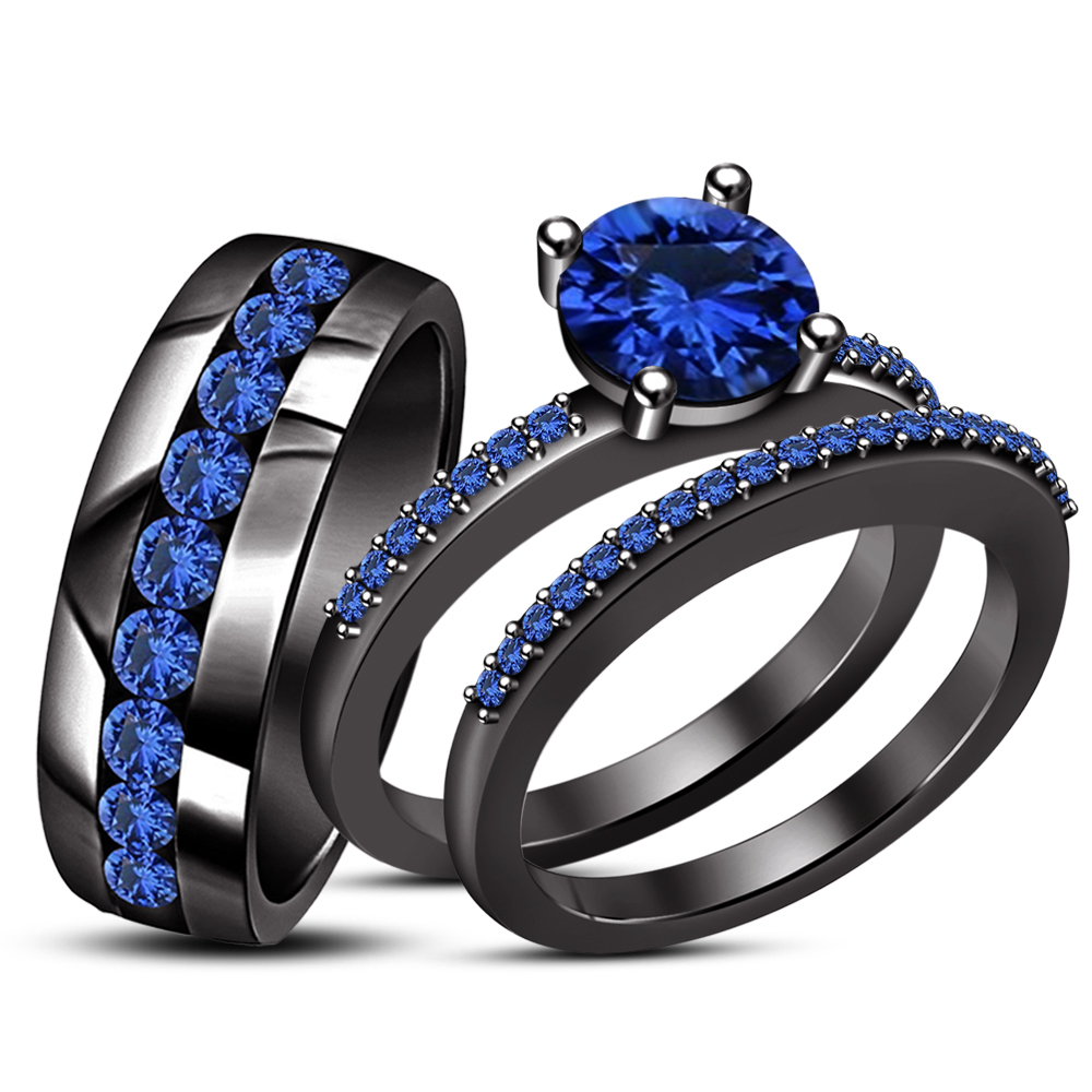 Black Rhodium Finish 925 Silver Round Cut Blue Sapphire Trio Engagement ...