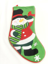 Green Felt Christmas Stocking w/ Felt Snowman w/ Knit Scarf Holding A Cardinal - $12.88