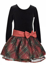 Bonnie Jean Black Velvet Christmas Dress Red Tartan Plaid Long Sleeve Sz 14 NWT - $23.75